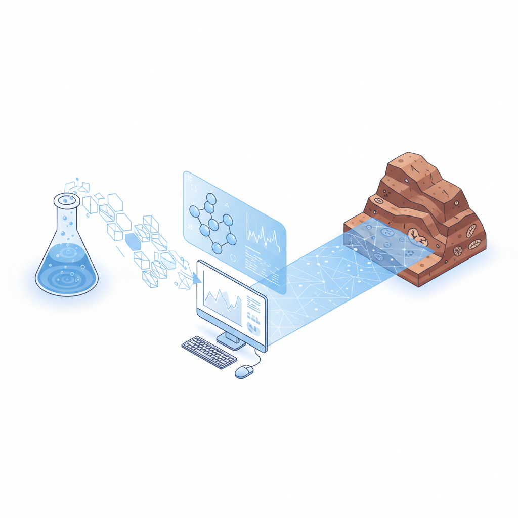 Conceptual illustration connecting a laboratory flask to a computer model and a geological rock formation, vector isometric style, clean scientific infographic