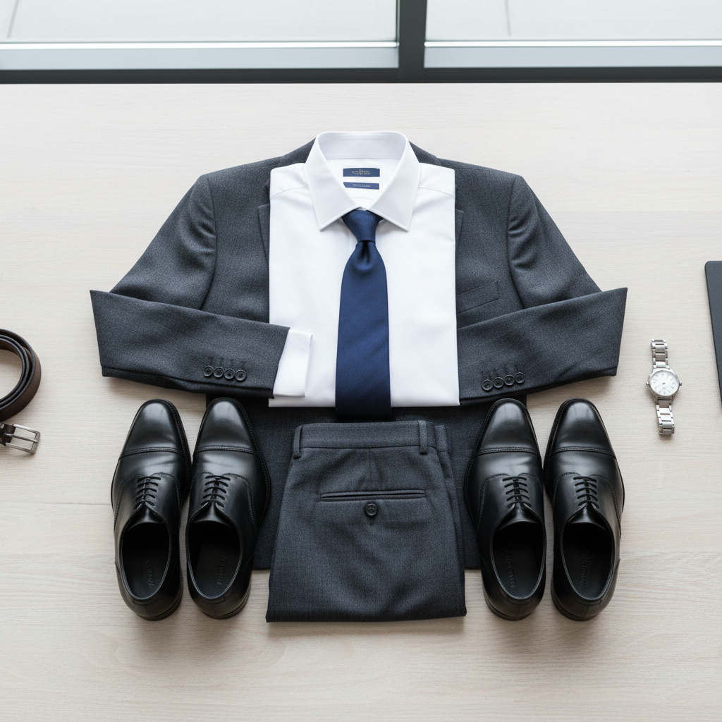 A neat layout of professional business attire, including a crisp shirt, blazer, and trousers, arranged neatly, high quality realistic photography