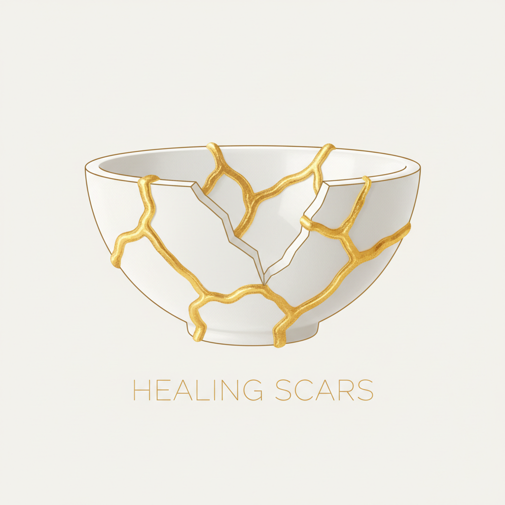 minimalist illustration of Kintsugi art, white ceramic bowl repaired with gold lines, art therapy concept, healing scars