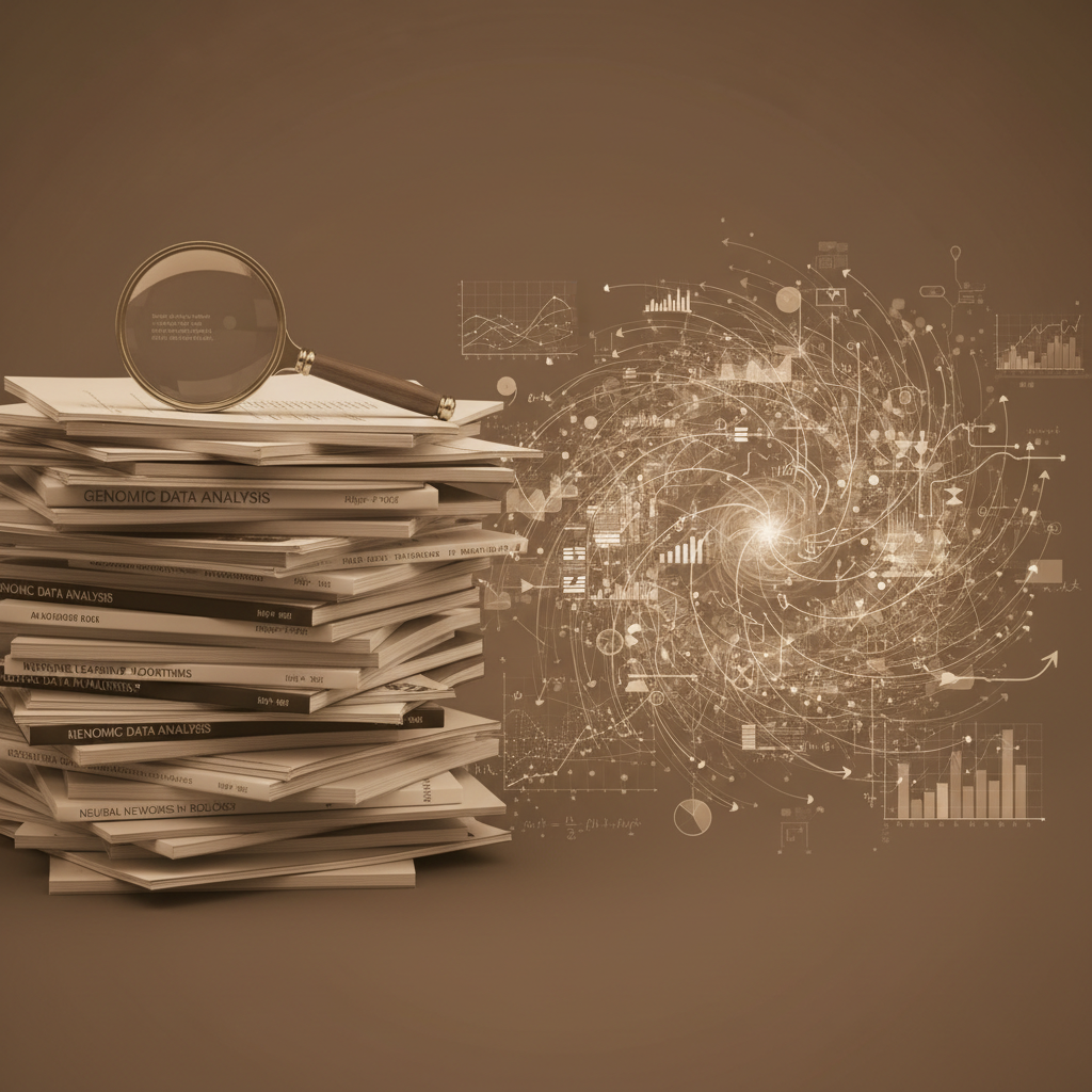 Stack of research papers, magnifying glass, data analysis abstract representation, warm brown filter