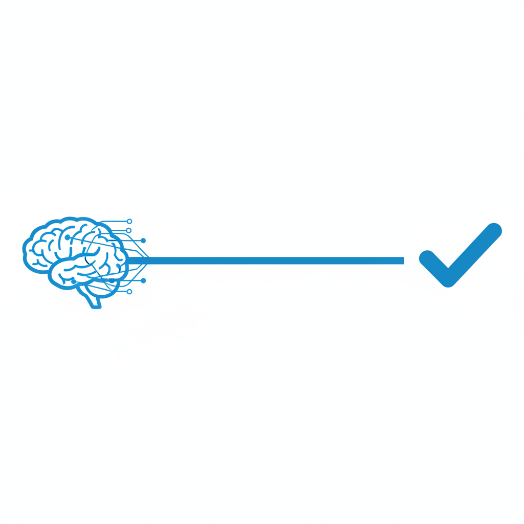 minimalist schematic illustration showing a straight line from a brain icon to a checkmark, transforming complexity into simplicity, white background, blue accents, infographic style