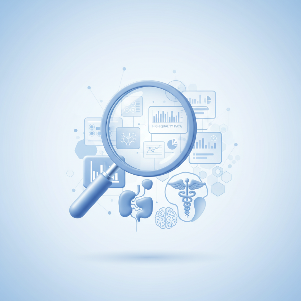 abstract 3d illustration of evidence based medicine, magnifying glass focused on high quality data charts, clean blue and white academic style, soft lighting