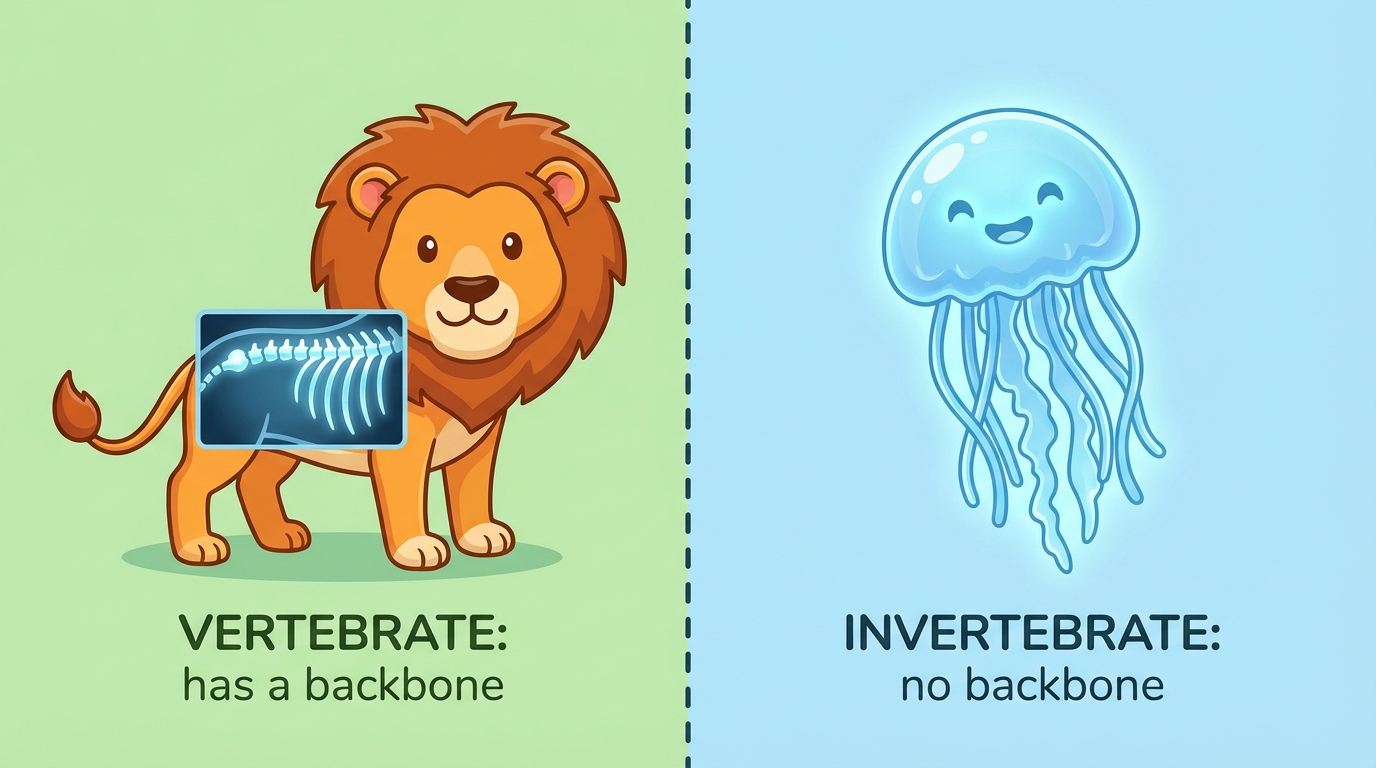 cartoon comparison split screen: left side a cute lion with a visible x-ray spine, right side a jellyfish with no bones, educational illustration