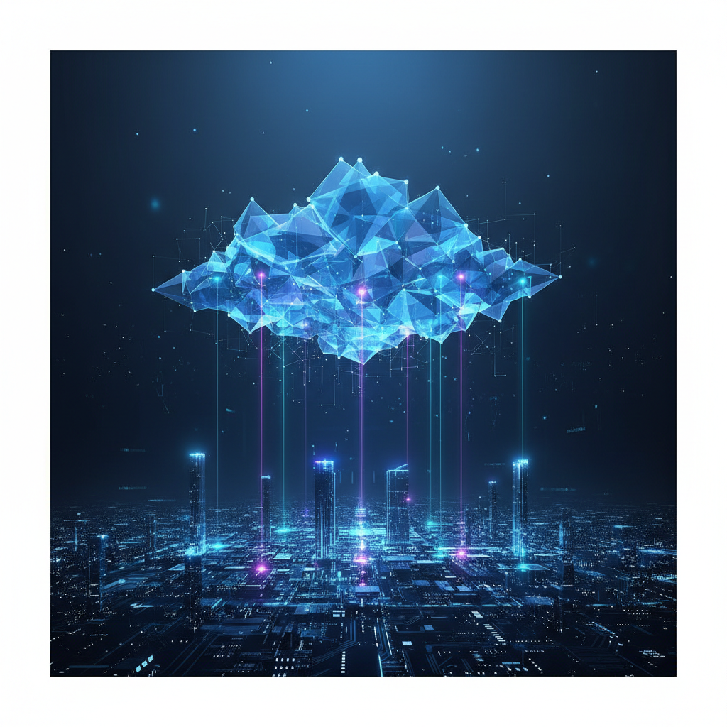 Abstract tech visualization of a translucent blue layer hovering above a complex ground city layer, connecting precise points with light beams. Representing a virtual abstraction layer.