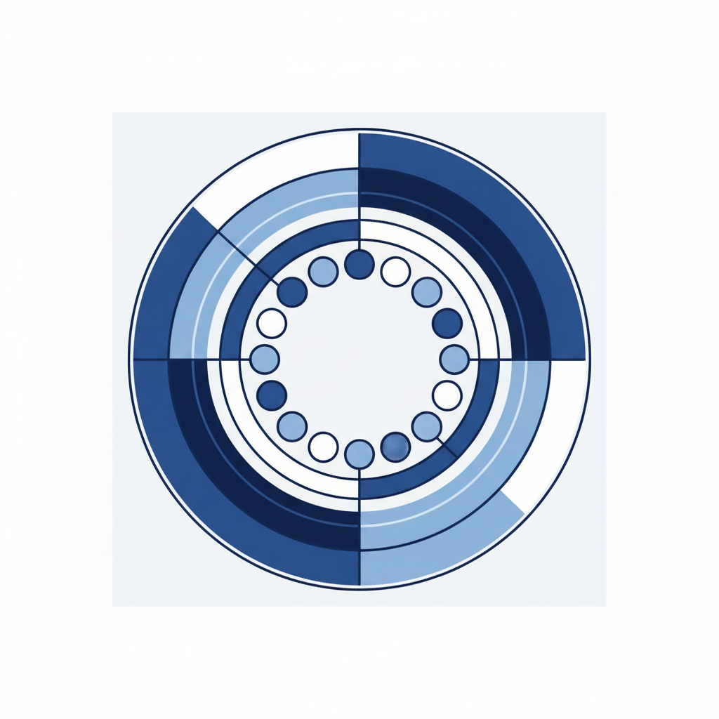 abstract minimalist art representing a balanced wheel or spheres, corporate blue and white