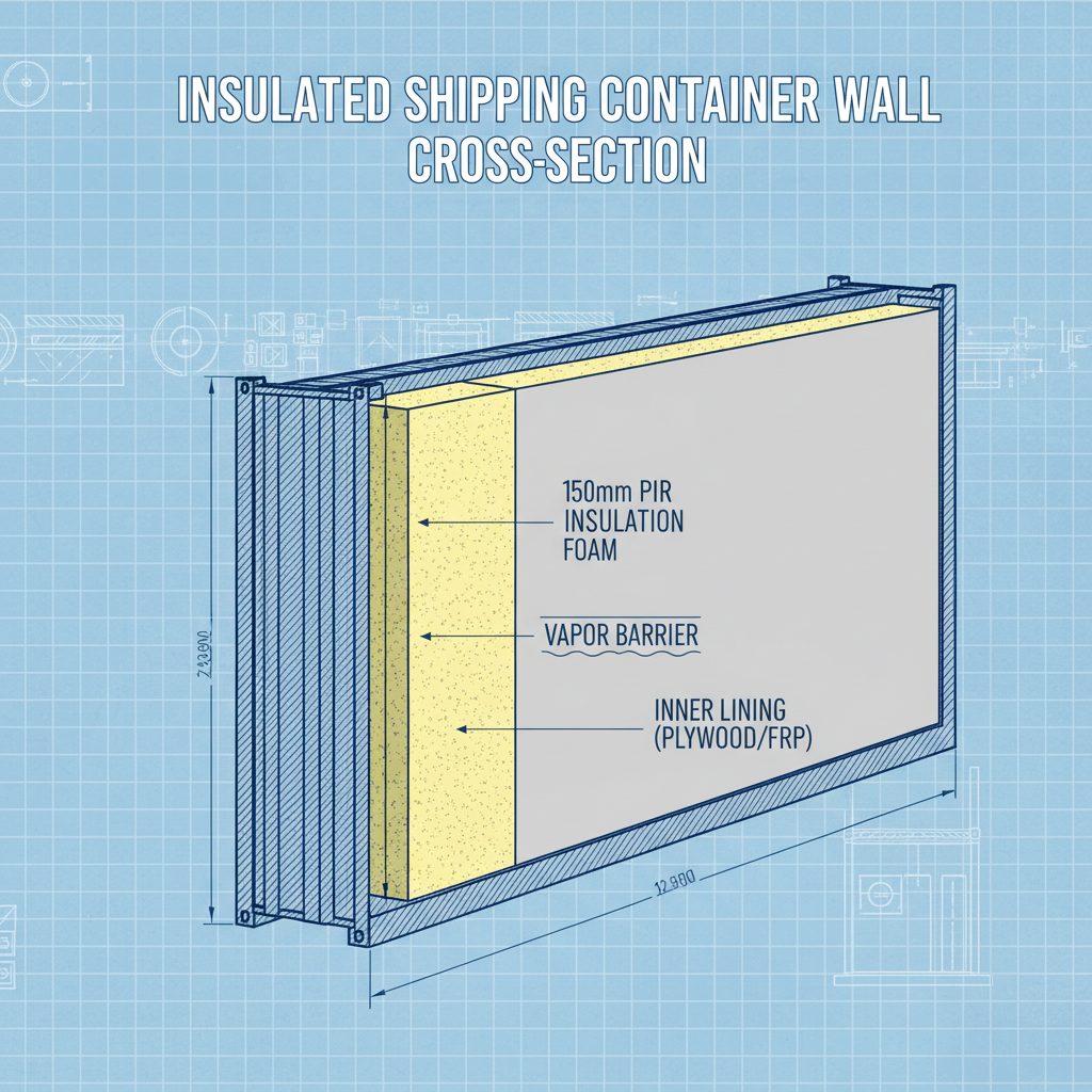 Technical cross-section drawing of a insulated shipping container wall, showing steel outer shell, 150mm PIR insulation foam, vapor barrier, and inner lining, engineering blueprint style