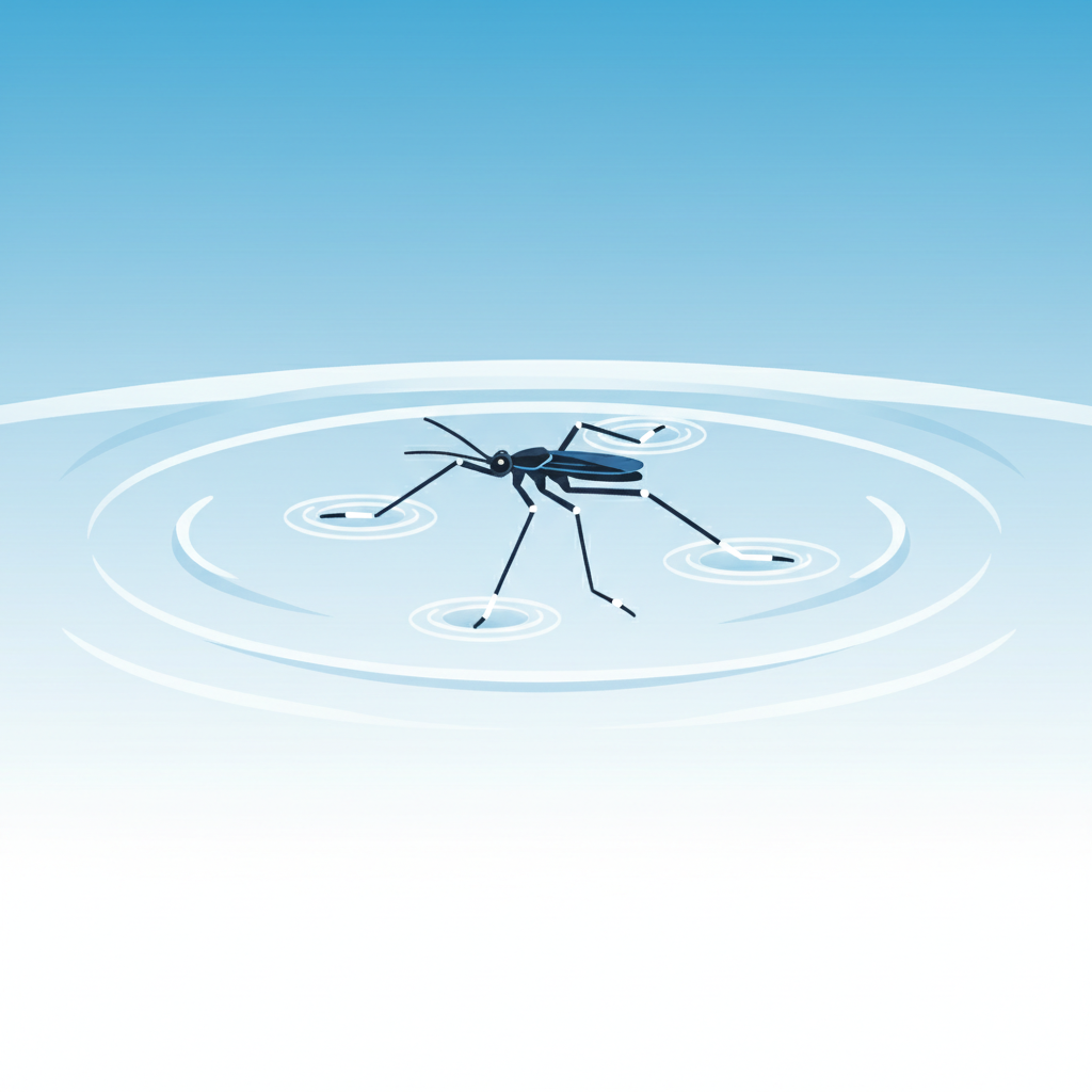illustration of water surface tension acting like a skin, a small insect walking on water surface, clean vector style