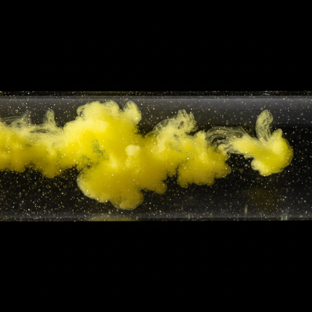 Chemistry test tube macro shot, bright yellow precipitate forming in clear liquid, reaction of lead iodide, dark background, sparkling particles, high contrast