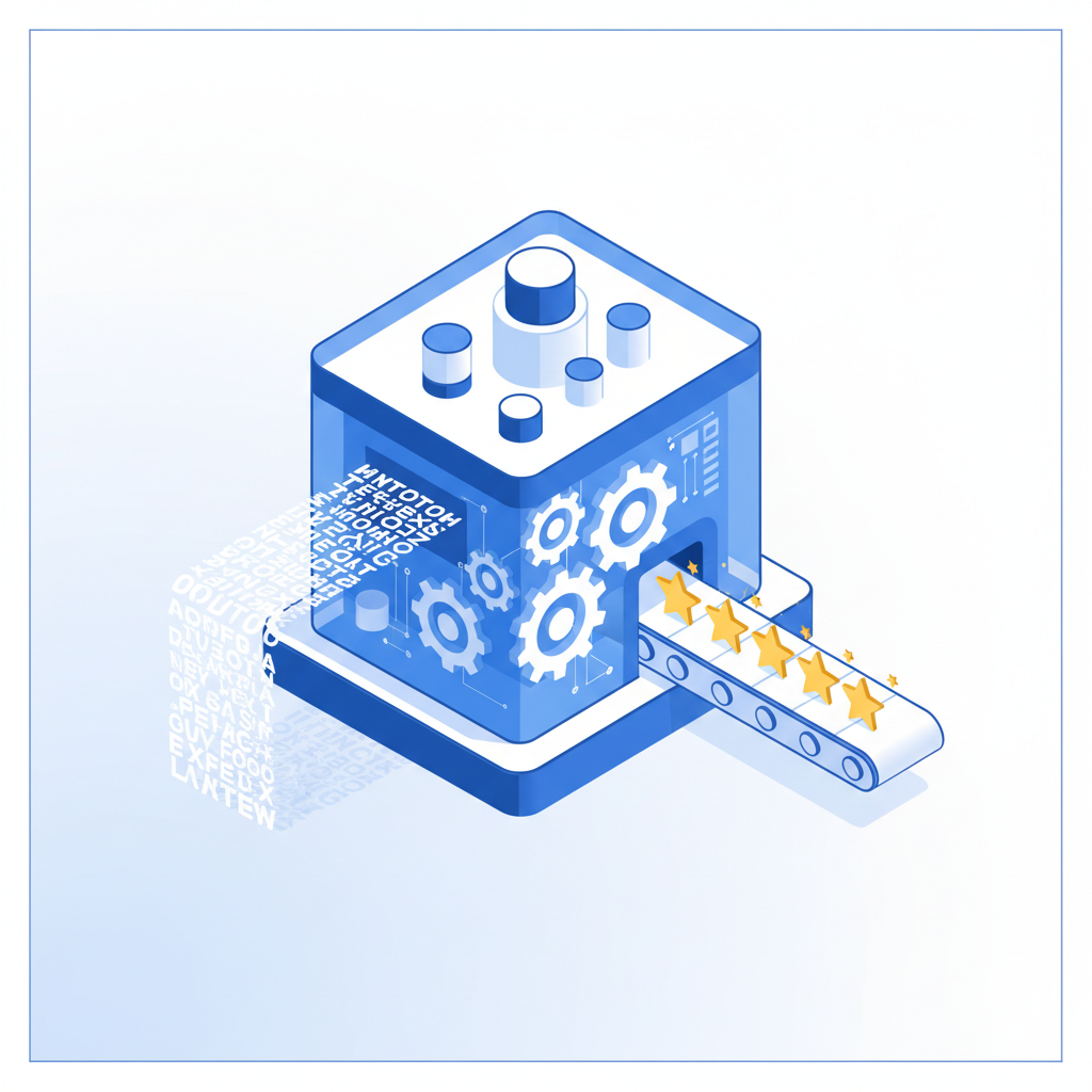 abstract isometric illustration of a data factory, raw text going in one side, gears processing, and star ratings coming out the other side, clean minimal vector style, blue and white colors