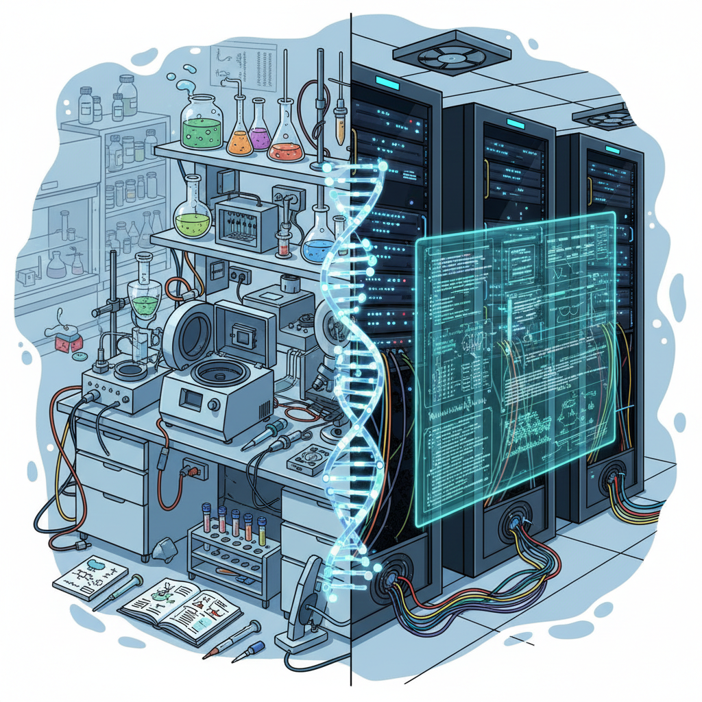 scientific illustration comparing a complex biology wet lab bench full of equipment with a clean server rack room representing bioinformatics