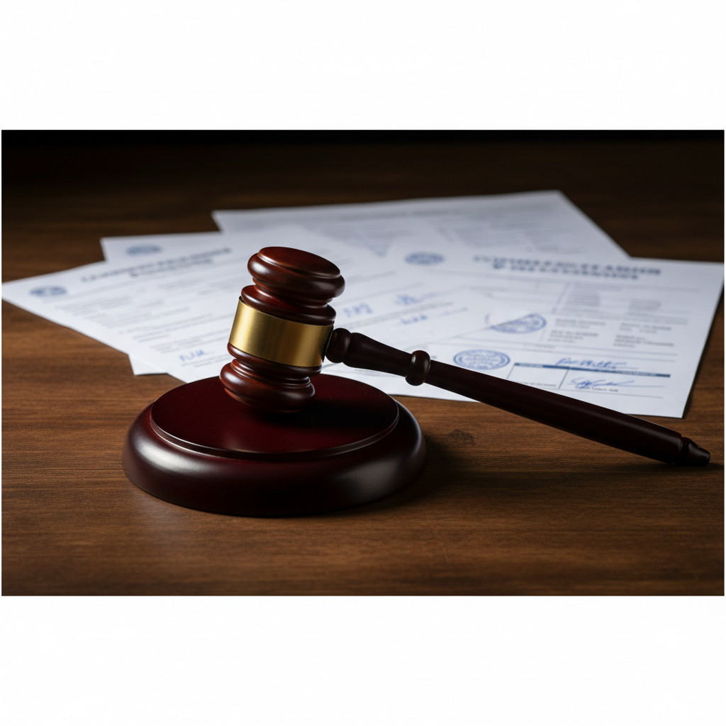Gavel resting on a sound block with shipping documents in the background, sharp focus, professional lighting, representing a final decision.