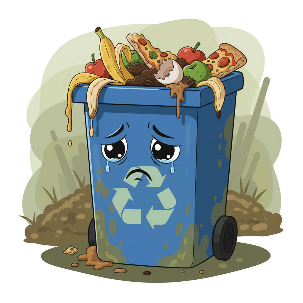 Sad blue recycling bin cartoon character covered in messy food waste, digital art
