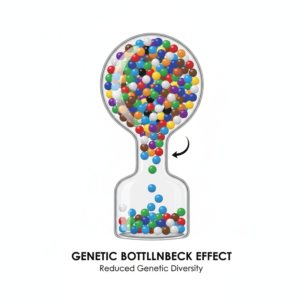 scientific illustration of genetic bottleneck effect, beads passing through a narrow bottle neck, reducing color variety
