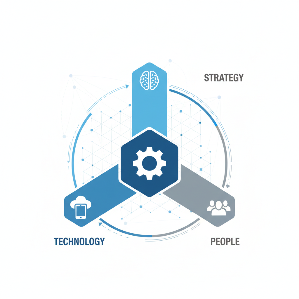 Isometric diagram infographic, central hub connecting strategy, technology and people, business vector style, clean lines, blue and grey palette