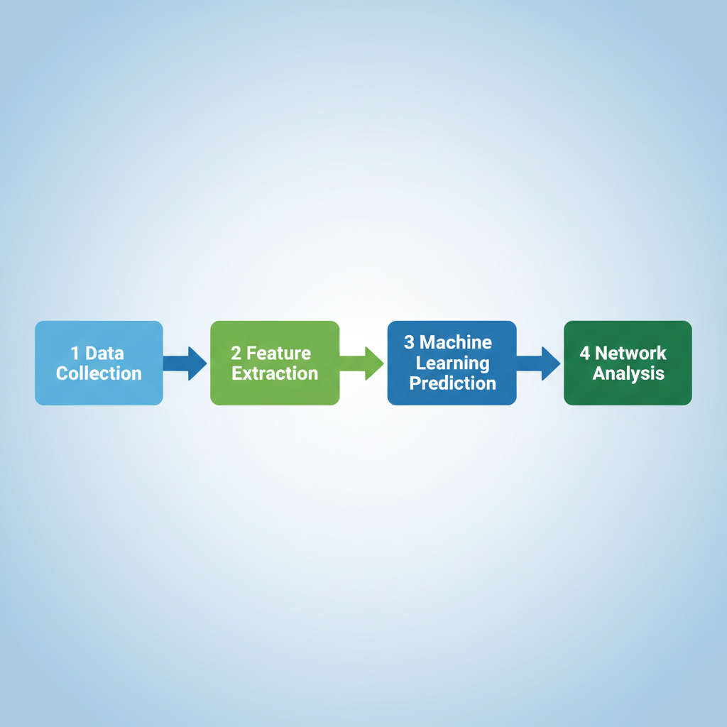 flowchart diagram graphic showing steps: 1 Data Collection, 2 Feature Extraction, 3 Machine Learning Prediction, 4 Network Analysis. Professional flat design vector style, blue and green colors