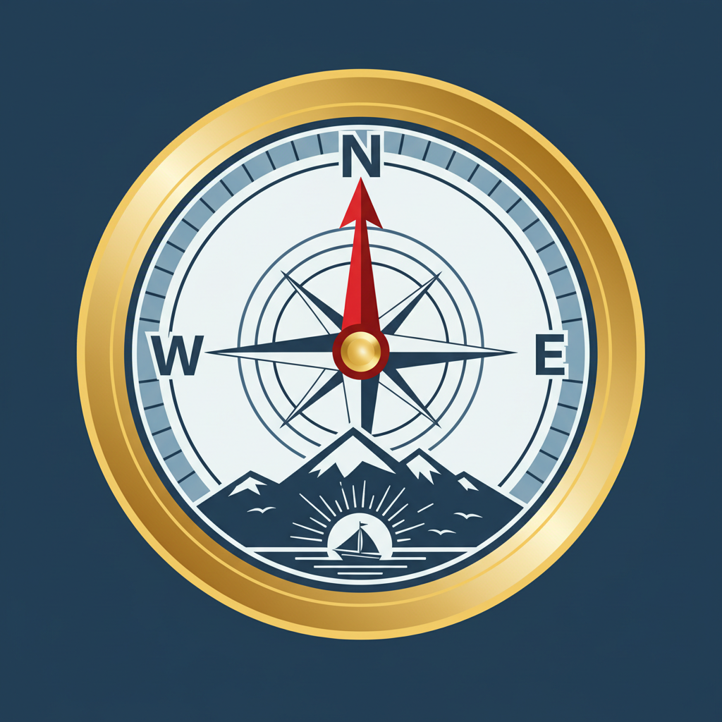 vector illustration of a classic compass with a red needle pointing North, flat style on dark blue background, adventure theme