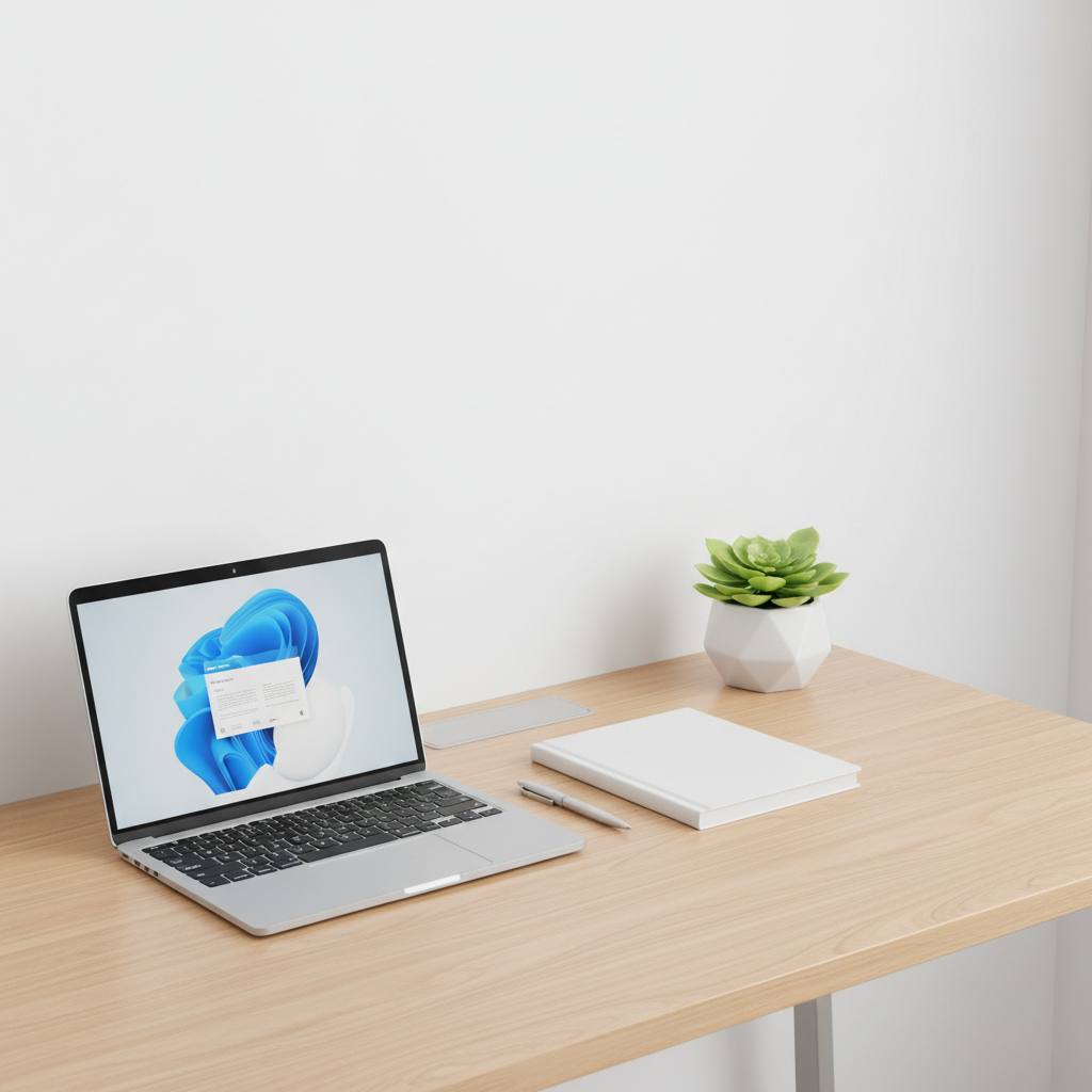 A perfectly organized modern office desk with a laptop, notebook, pen, and small plant. Minimalist, clean, bright white and wood tones, photorealistic.