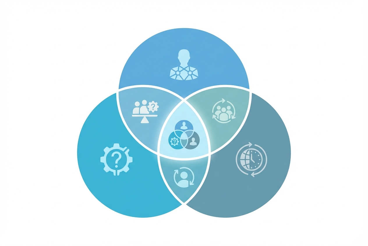 Infographic style diagram showing three intersecting circles labeled with abstract symbols representing People, Issue, and Context, flat vector style, educational blue tones