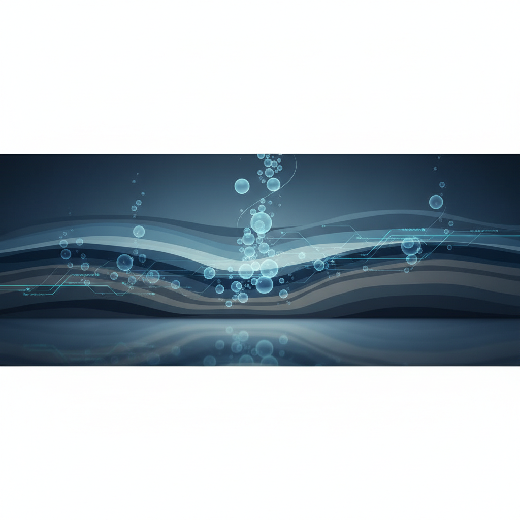 Abstract scientific background, geological layers cross-section with hydrogen bubbles, dark blue and subtle technical lines, 8k resolution, minimalist