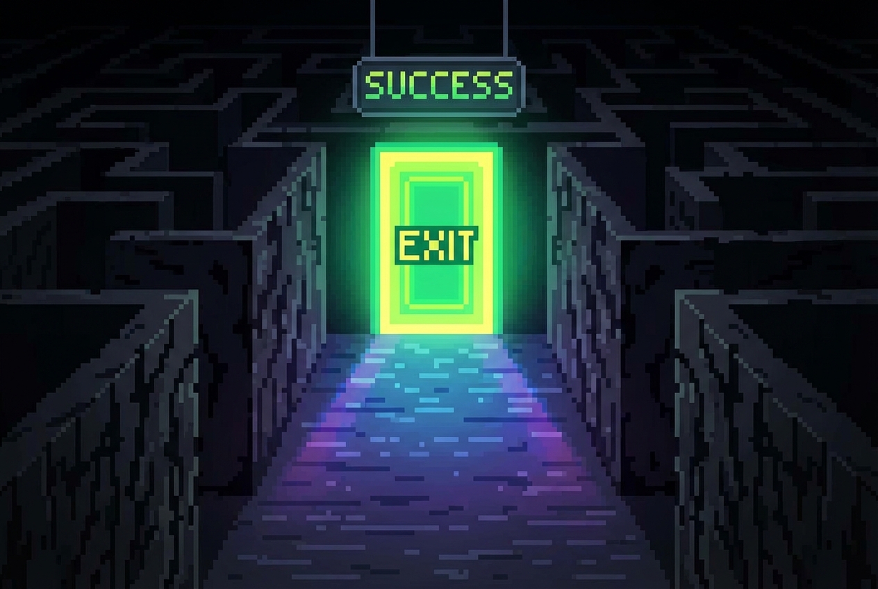 cinematic shot of a glowing exit door in a dark maze, symbolizing success, pixel art style