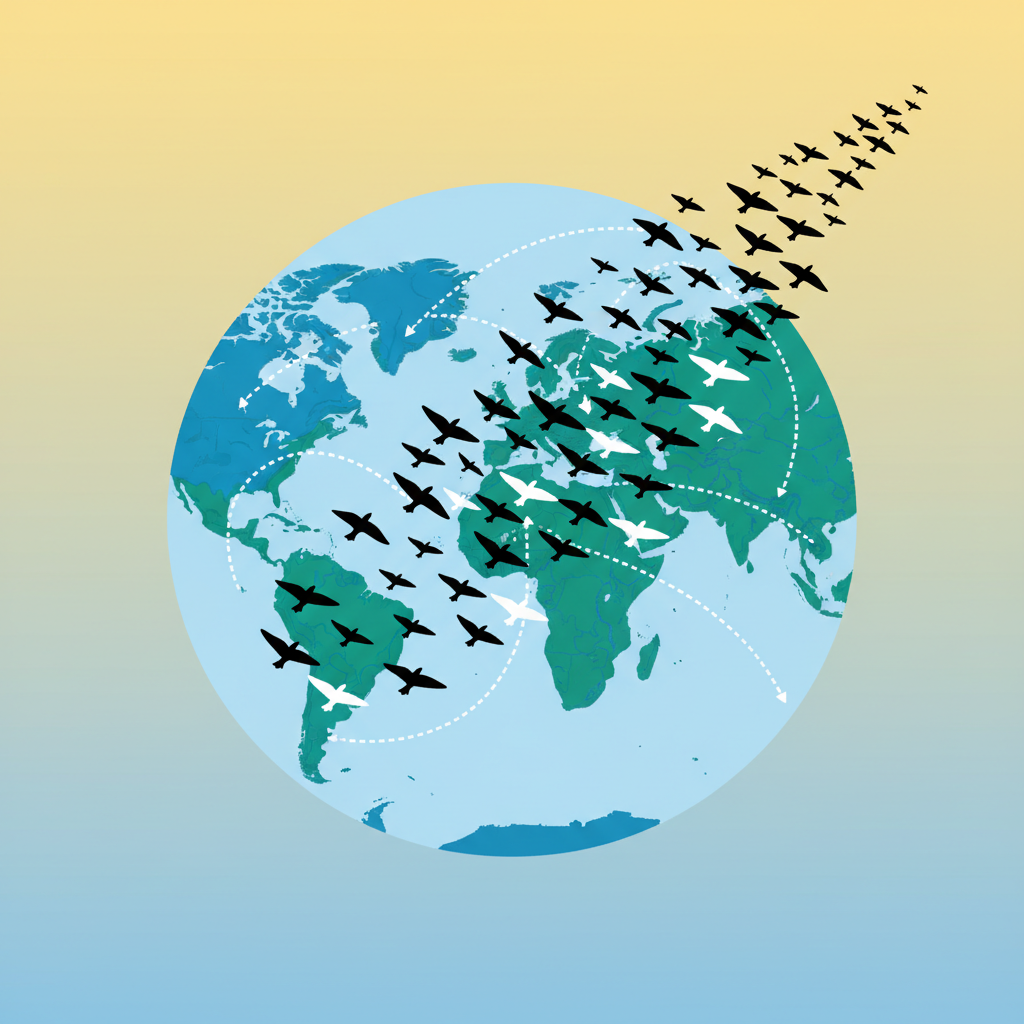 vector illustration of a flock of birds flying over a stylized map of the earth, migration concept, flat style