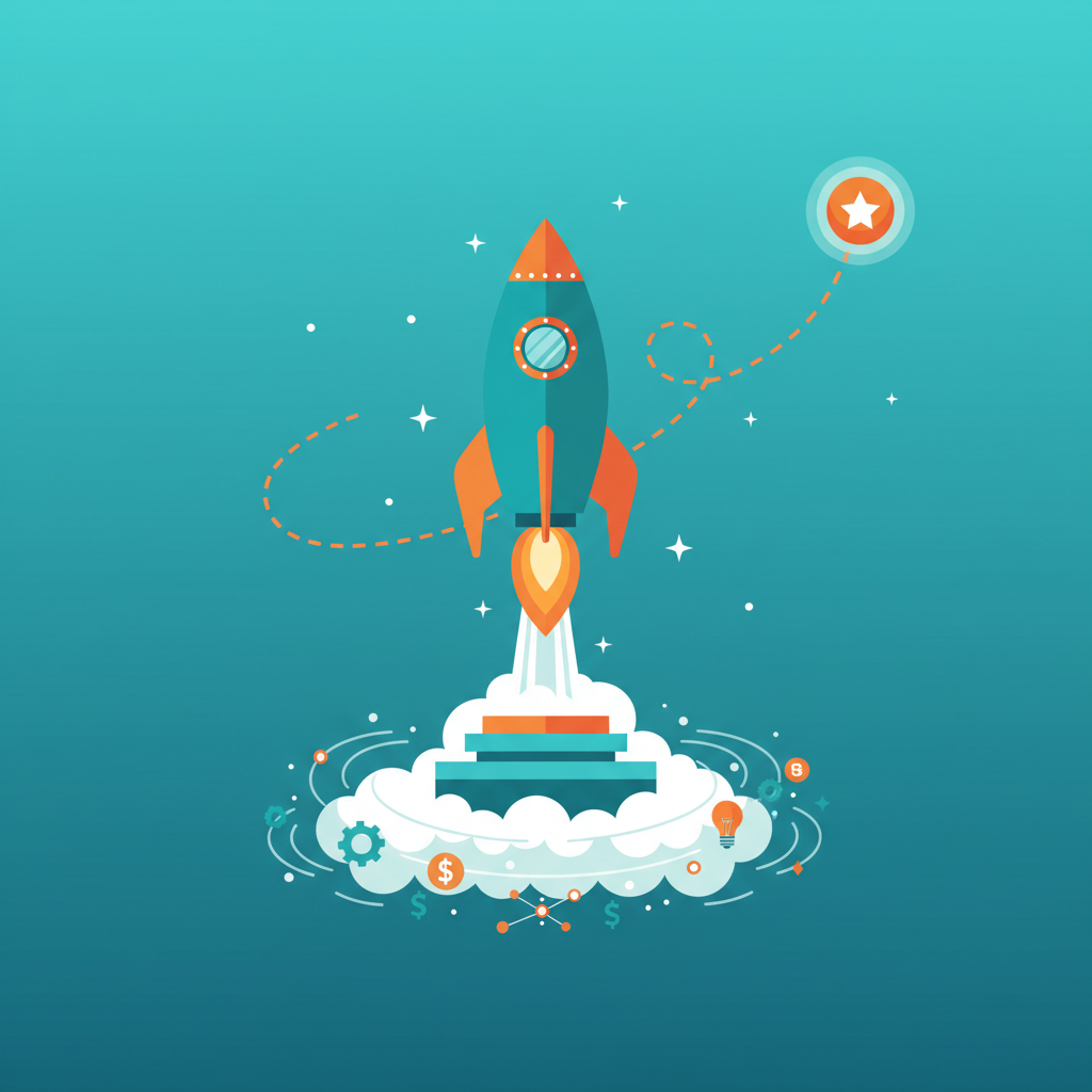 rocket launch illustration, startup concept, flat design, teal and orange colors