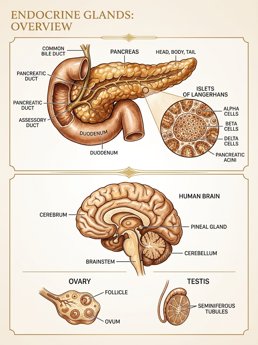 Pancreas, Pineal Gland, and Gonads Diagram