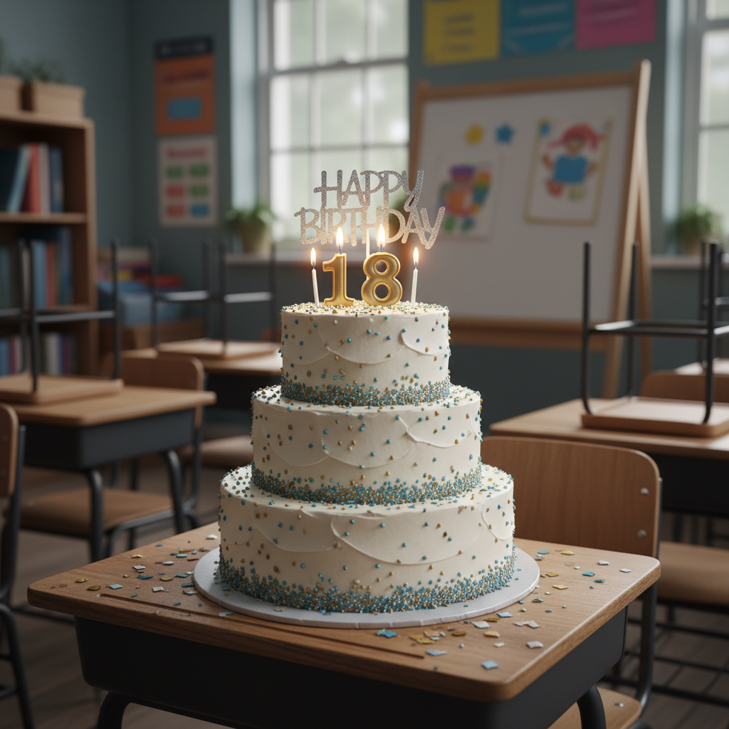 A festive birthday cake with candles forming the number 18 sitting on a school desk in a classroom, soft focus background, high quality photography