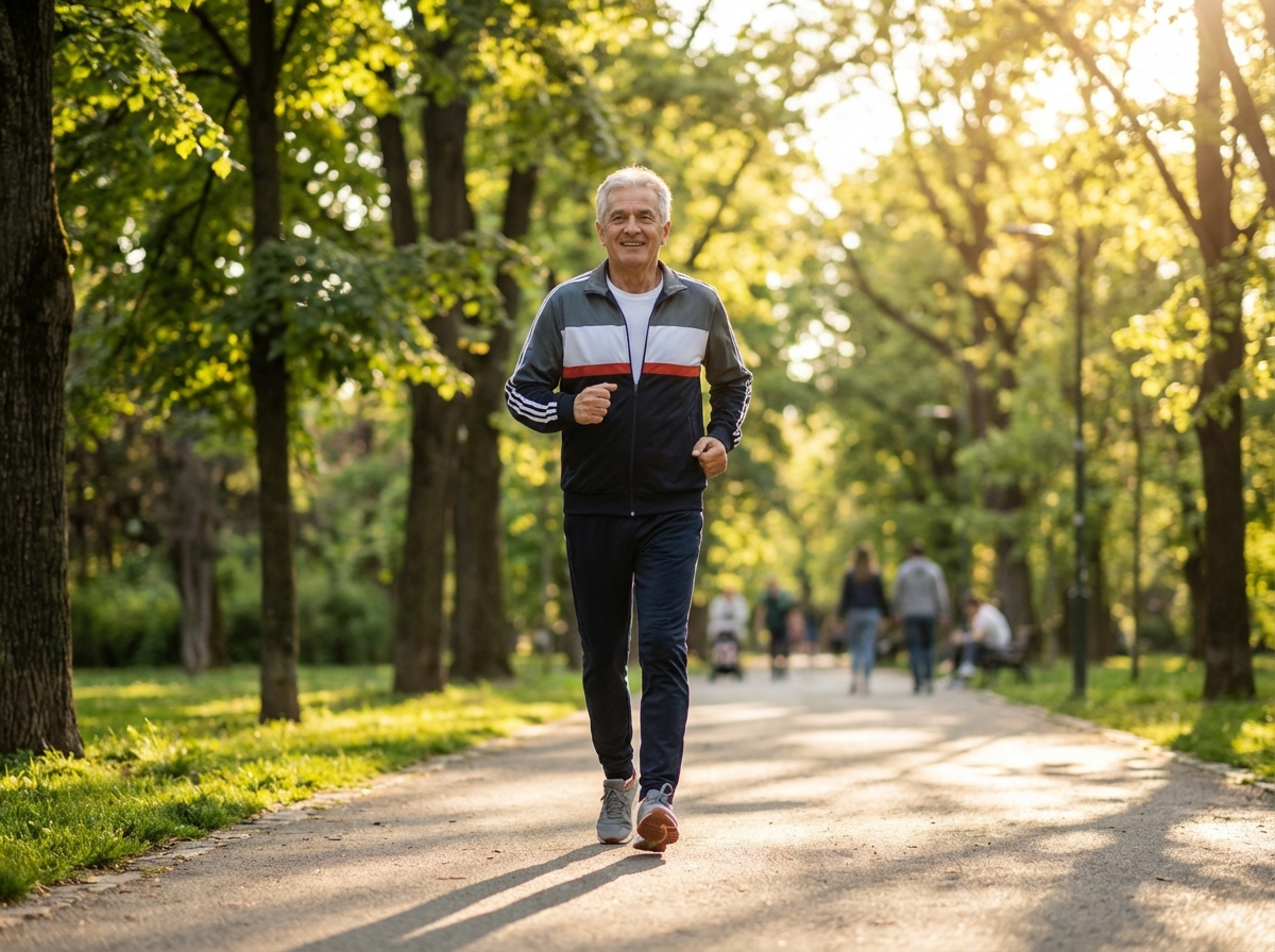 Happy older man jogging in a park, sunlight, healthy lifestyle, confident, photorealistic