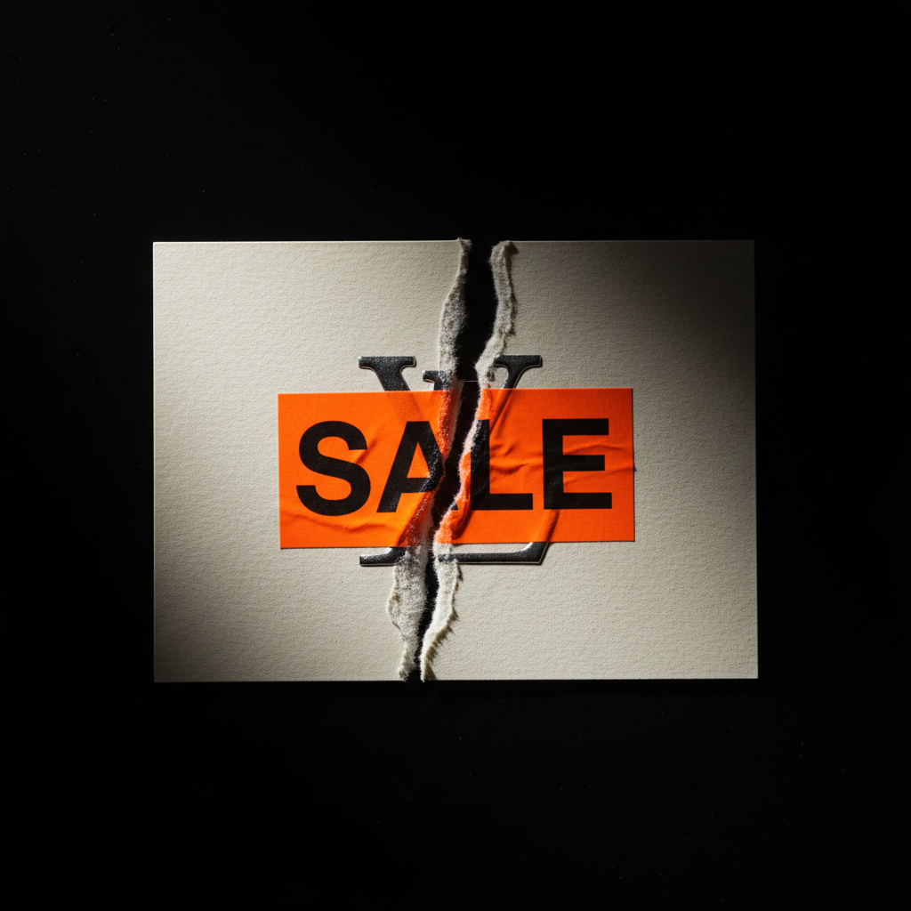 Conceptual photorealistic image. A luxury fashion price tag made of thick cardstock is ripped in half. A bright cheap fluorescent orange 'SALE' sticker is plastered over the elegant brand logo. Dark dramatic lighting, high detail.