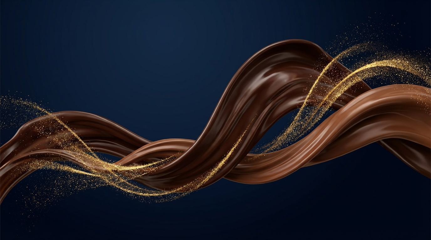 Premium dark blue background with abstract elegant swirls of melted chocolate and golden particles, minimalist corporate style, high quality