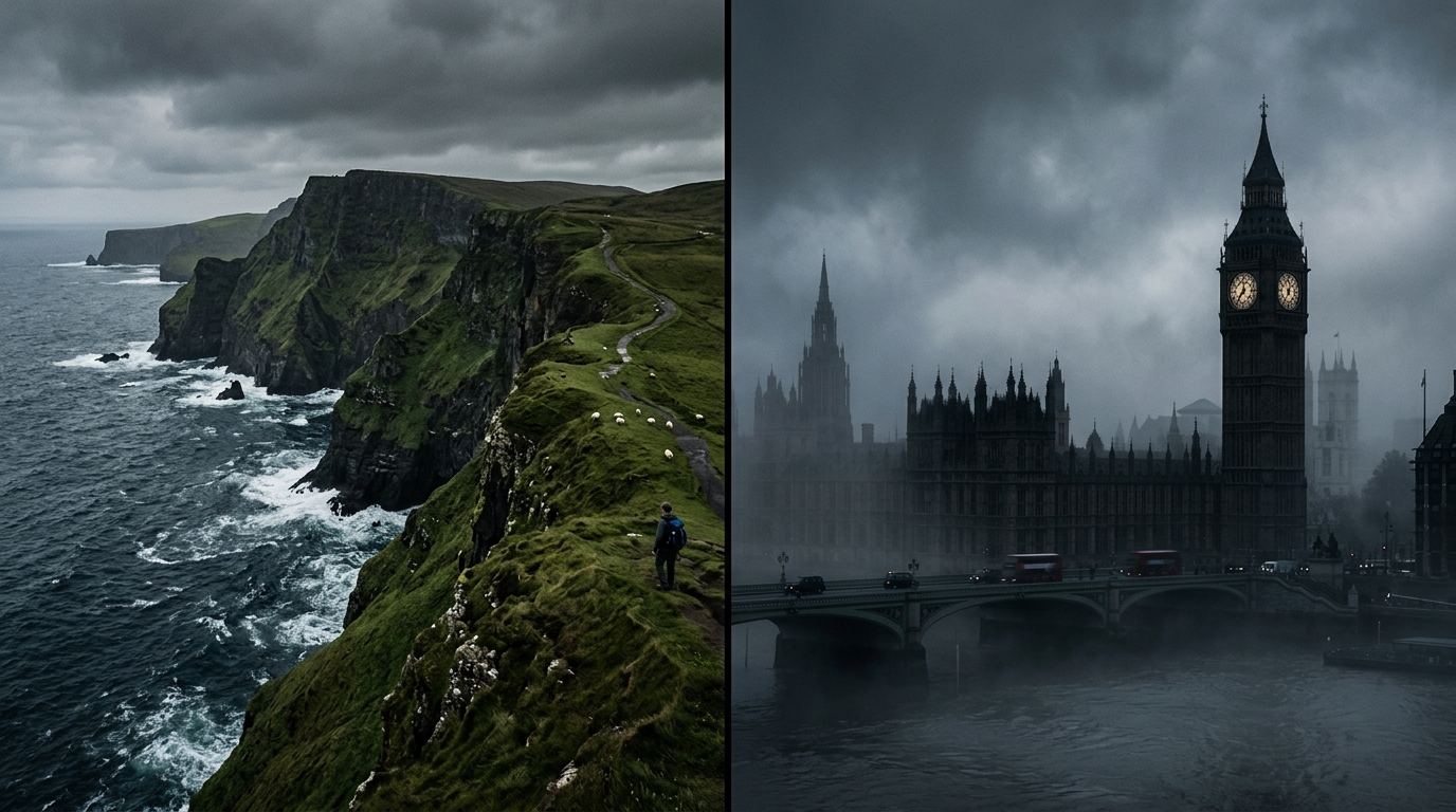 Background landscape splitting Ireland and the UK