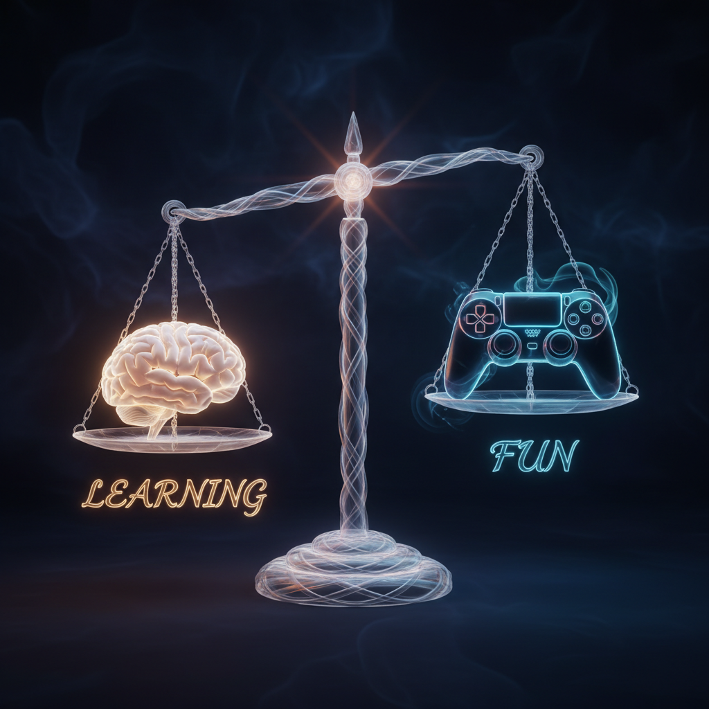 An elegant balance scale made of light, holding a glowing brain on one side and a controller on the other, symbolizing learning vs fun, dark background