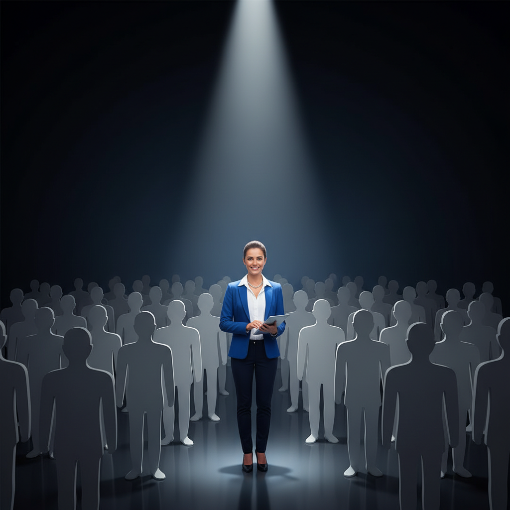 spotlight shining on one specific person in a crowd of grey silhouettes, target audience concept