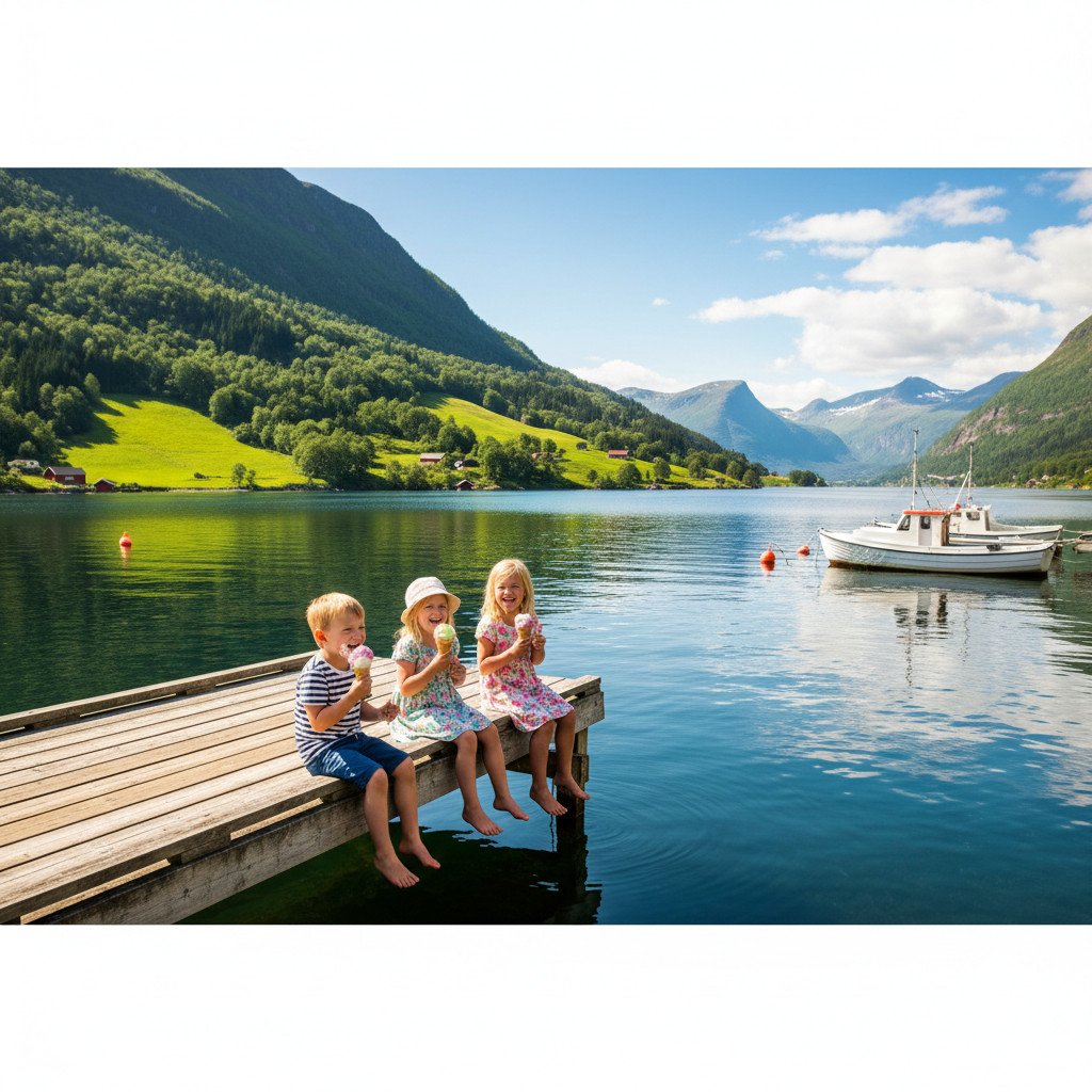 Typical idyllic Norwegian summer by a fjord, children eating ice cream on a dock, bright sun, blue water, green hills