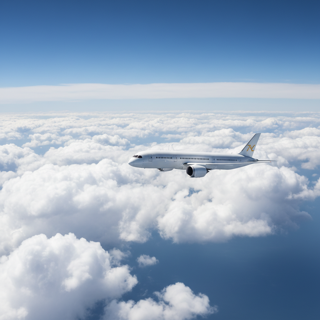 Cinematic shot of a premium commercial airliner flying above white clouds in a deep blue sky, photorealistic, premium travel photography, high resolution, minimalist composition