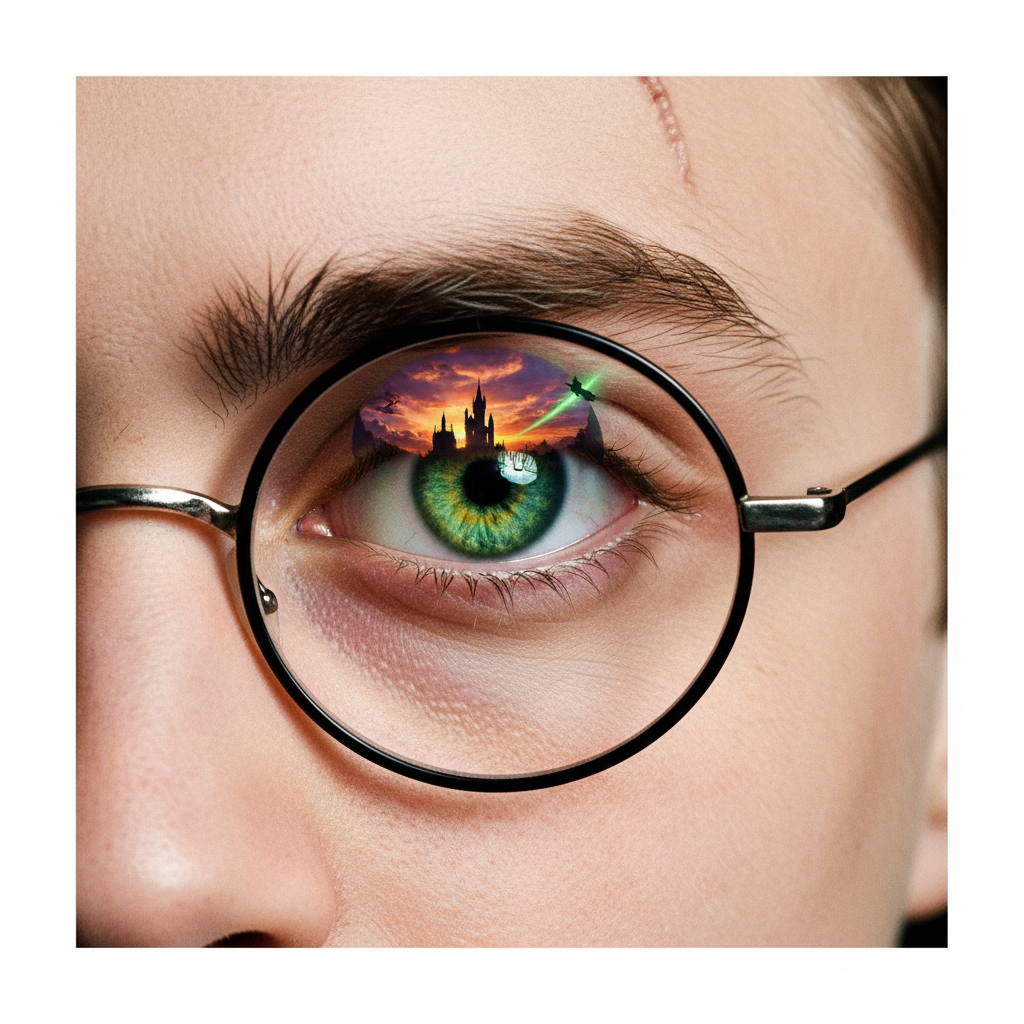 Close up of Harry Potter's eye with glasses reflection