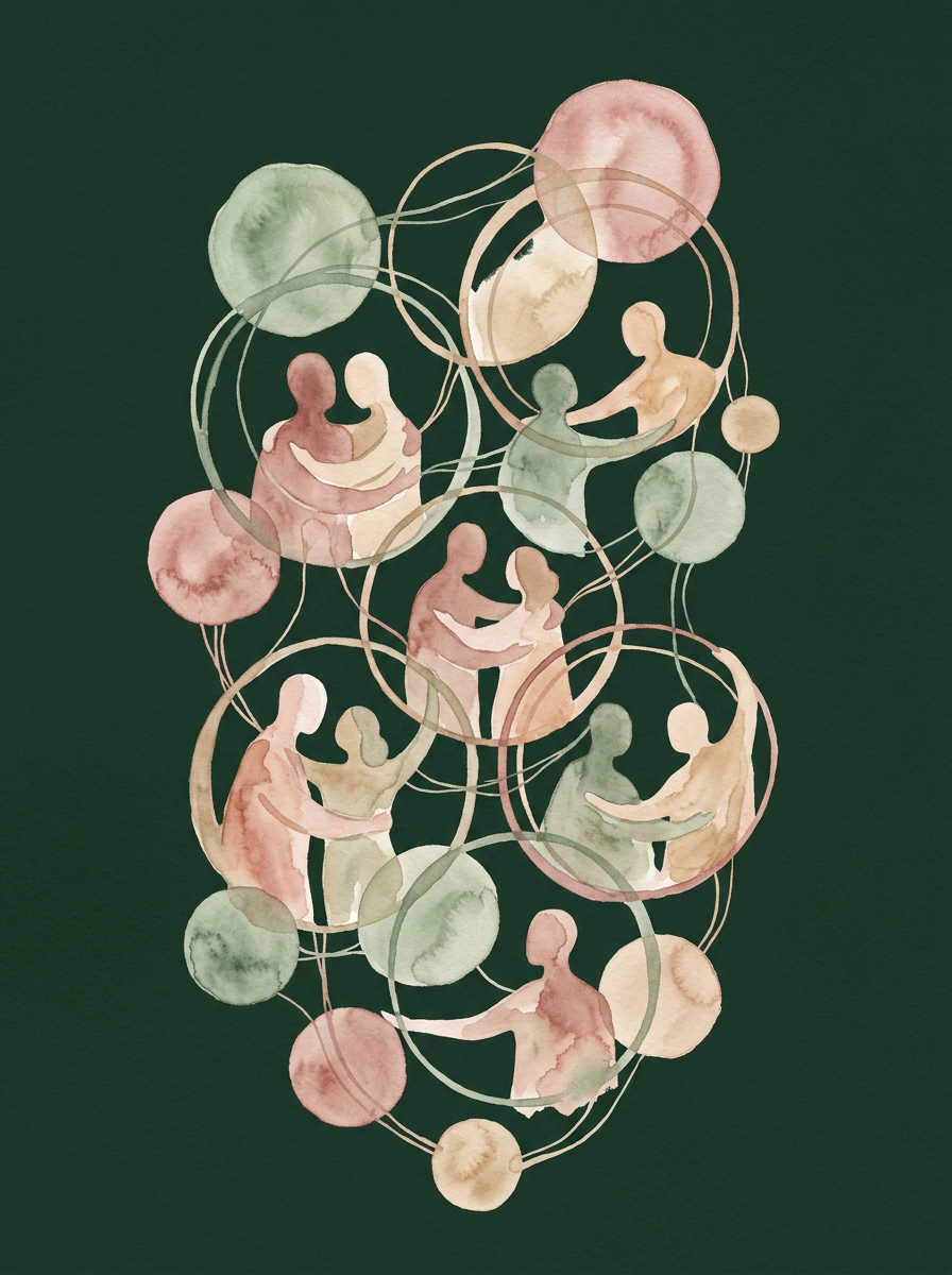 Artwork of interconnected humans suggesting network of care