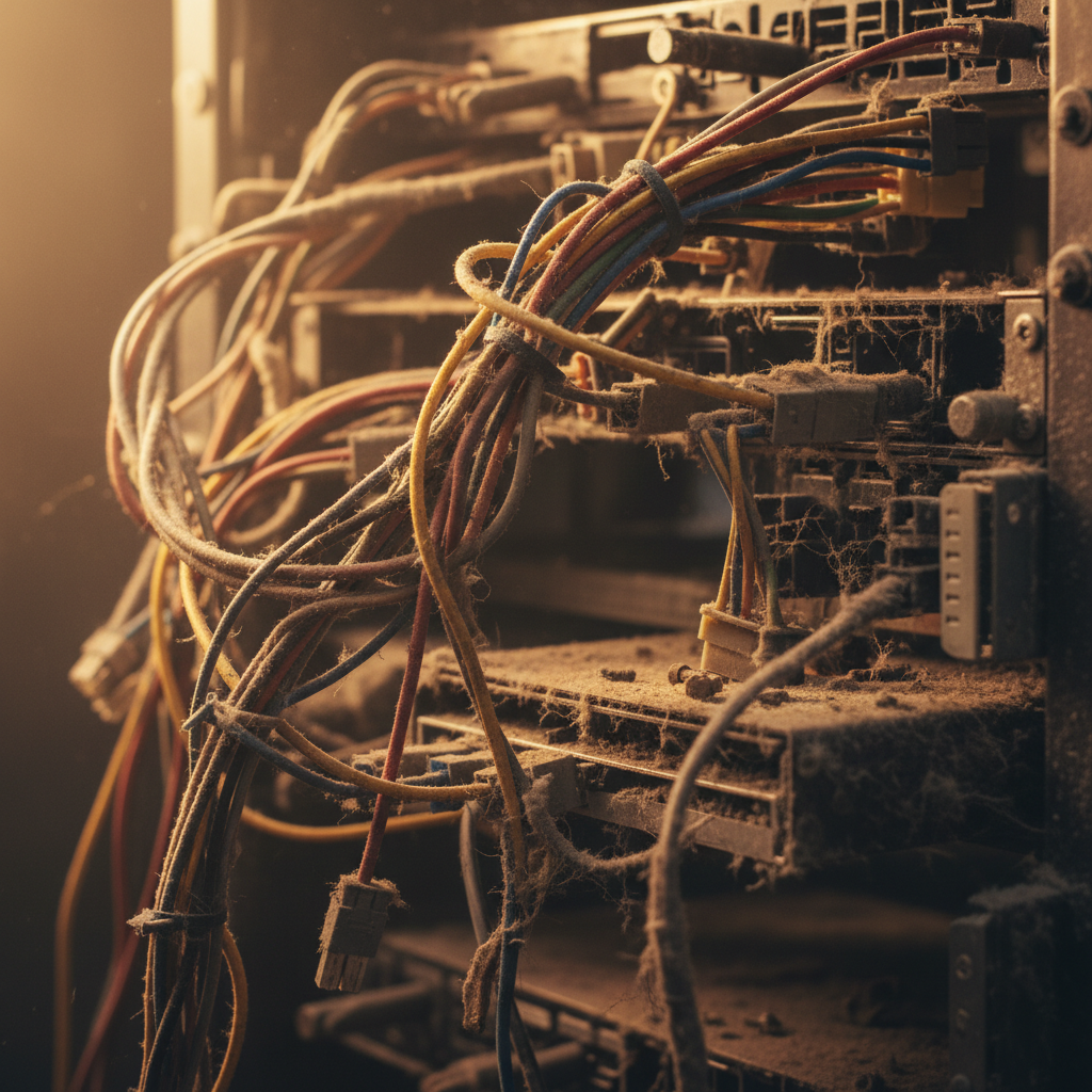 messy old server cables and dusty computer hardware, close up, warm lighting