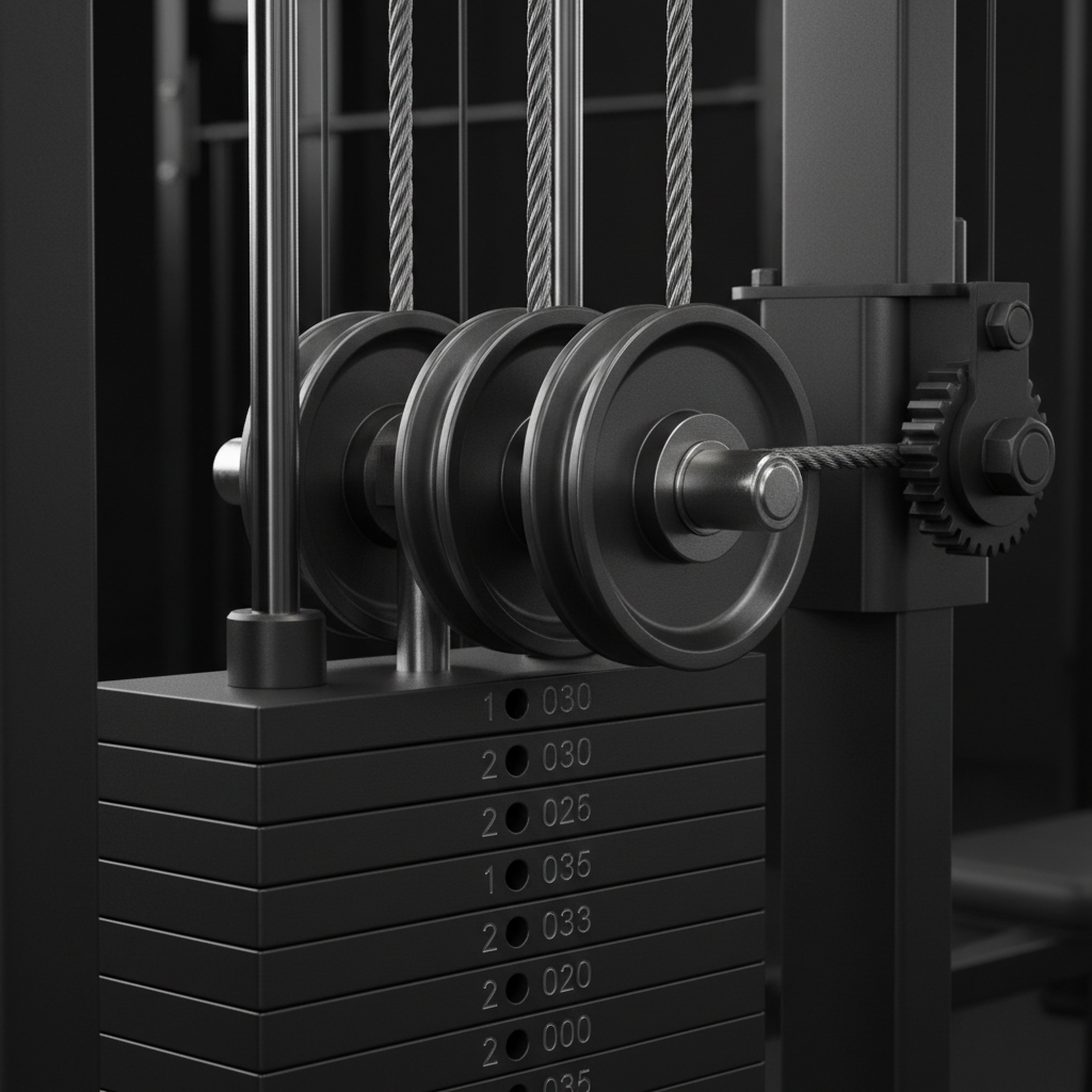 close up mechanical details of gym cable machine weight stack and pulley, dark metallic aesthetic