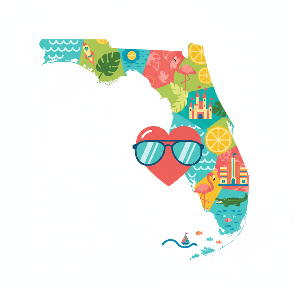 colorful illustration map of Florida with a heart icon and sunglasses
