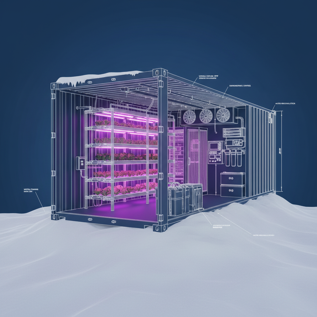 Cutaway 3D architectural render of a 40ft standard shipping container placed in arctic snow, showing internal vertical farming racks, purple LED lights, and technical equipment room at the back, blueprint style, high detail engineering visualization