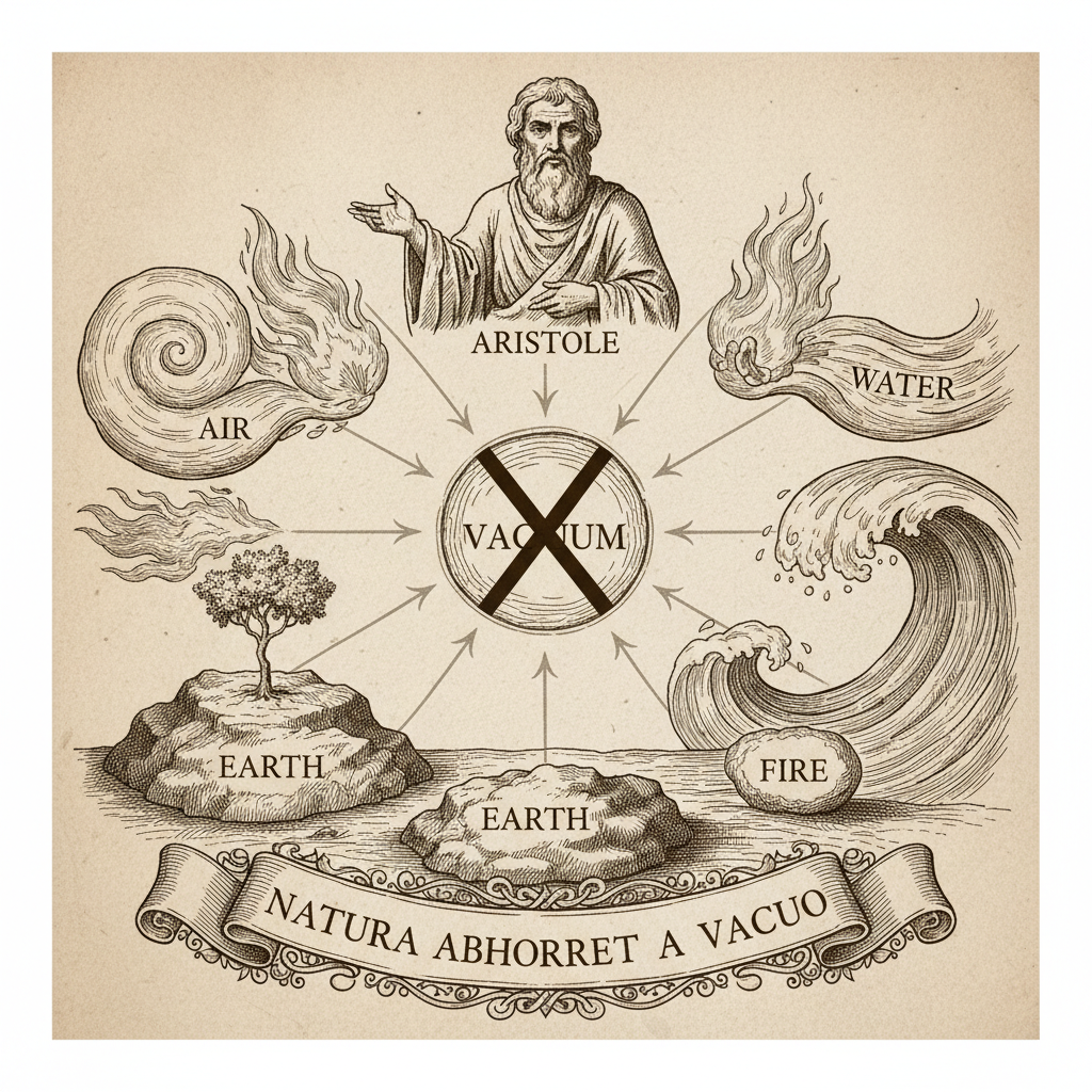 vintage scientific illustration showing Aristotle 'nature abhors a vacuum' concept, old physics philosophy diagram, sepia tone or sketch style