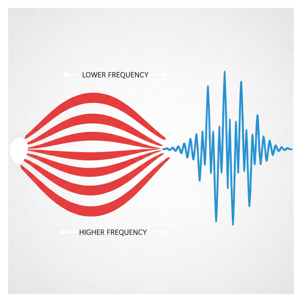 vector illustration of light waves with different frequencies, red widely spaced waves vs blue tight waves, physics concept