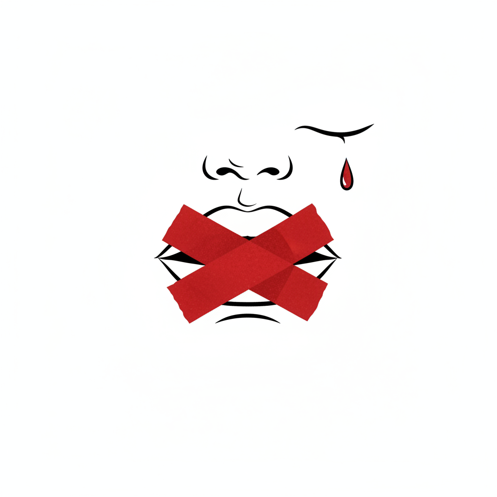 An artistic, dramatic illustration of a mouth covered by red tape on a white background, symbolizing suppression of speech, minimalist style