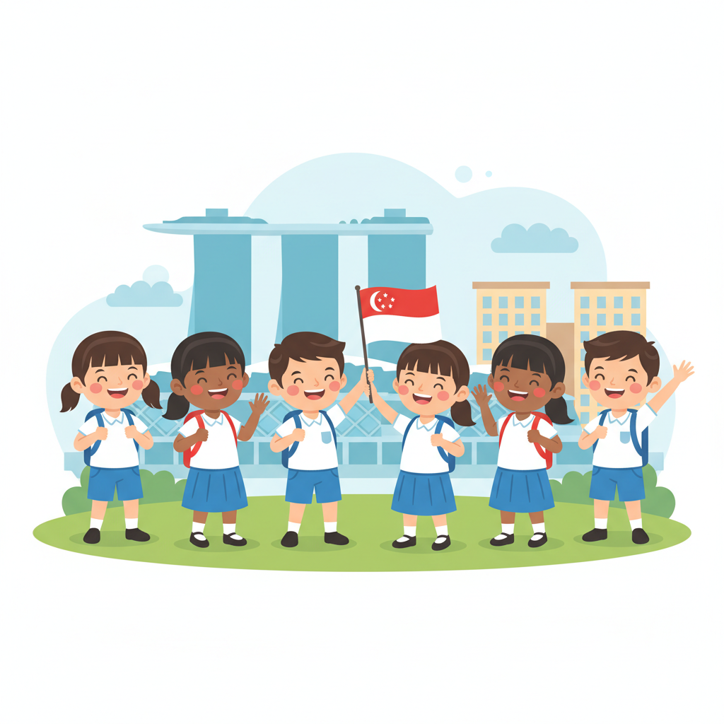 Cute cartoon of diverse Singaporean primary students holding a small Singapore flag and smiling, vector illustration