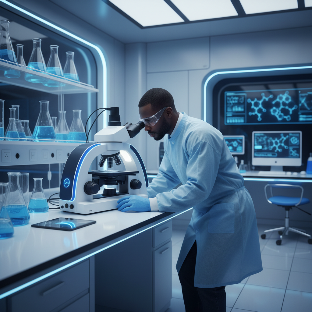 Black laboratory technician using a modern microscope in a clinical lab setting, wearing protective gear, clean blue and white tones, photorealistic, scientific environment