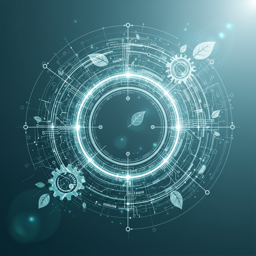 abstract futuristic illustration of a closed circle glowing, sustainable technology, teal and white colors