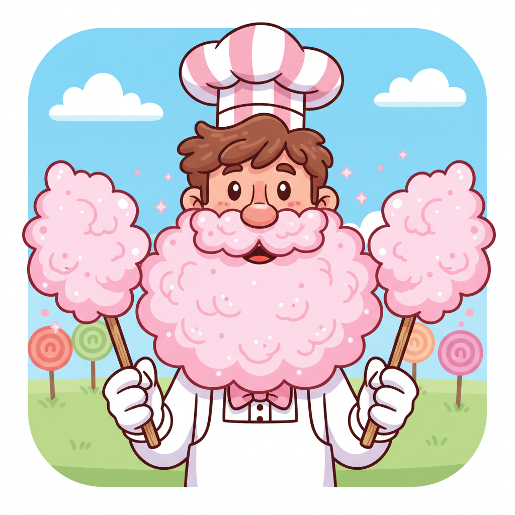 Funny cartoon illustration of a smiling man with a giant pink cotton candy beard, playful kid-friendly style