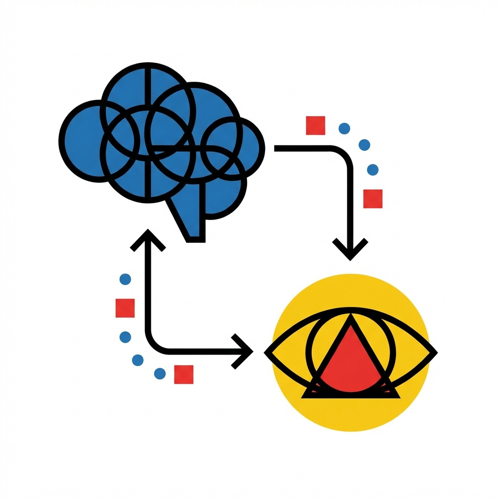 Minimalist graphic showing connection between brain and eye, geometric icons, bold lines, bauhaus style